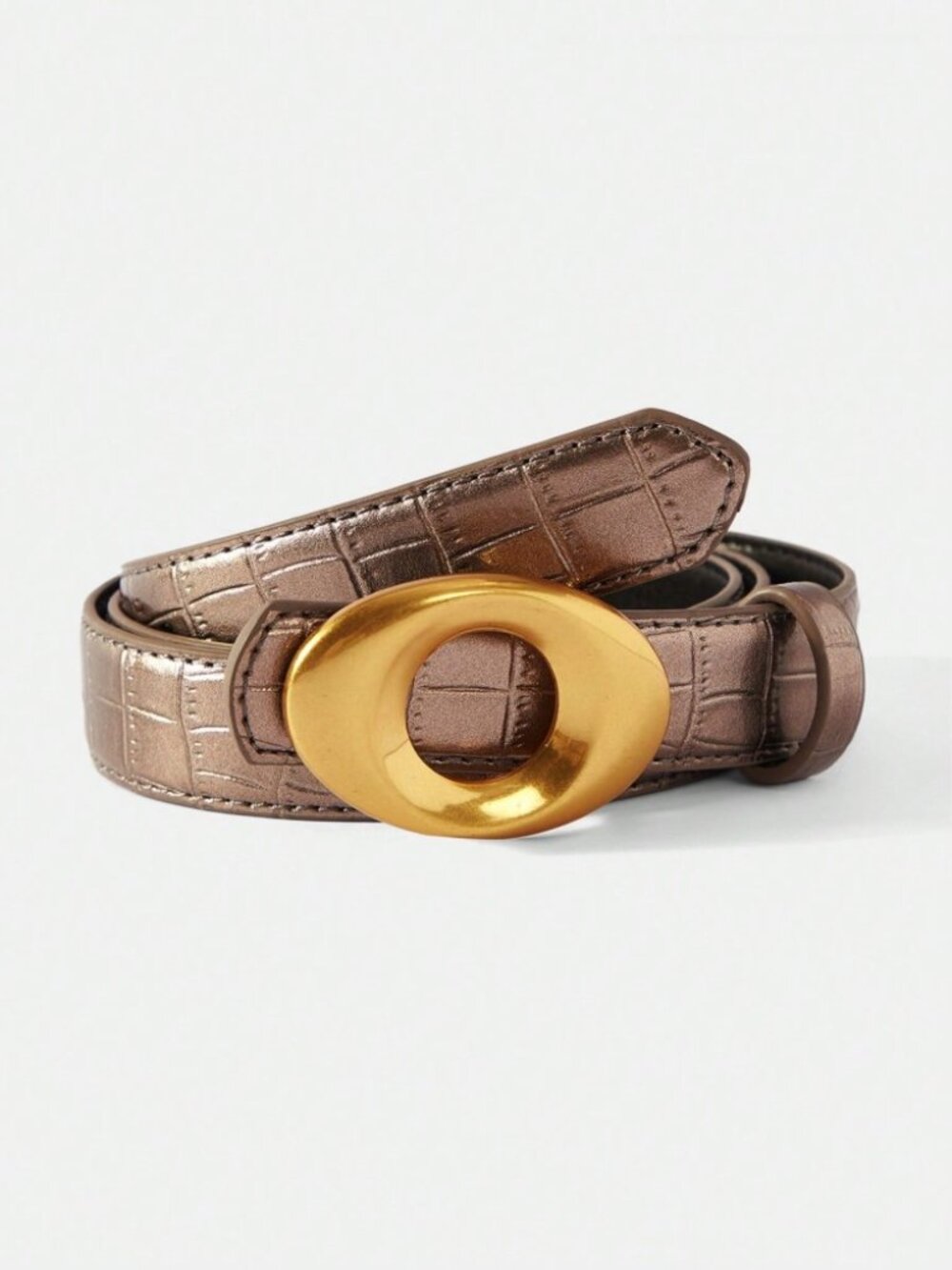 Bronze Croc-Embossed Vegan Leather Belt with Oval Gold Buckle